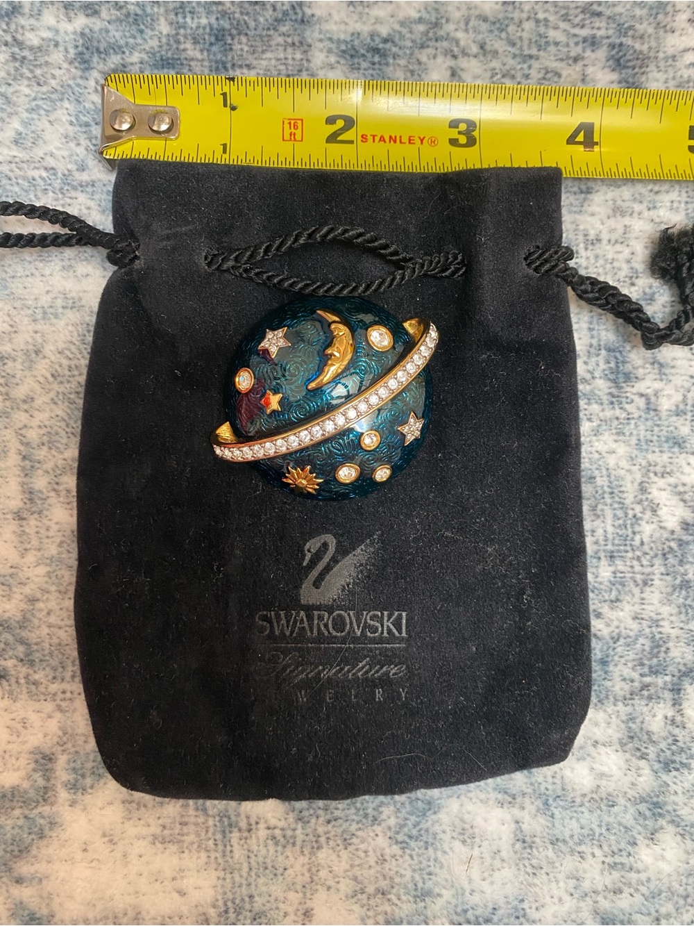 Swarovski Vintage “Moon & Stars” Saturn Crystal Blue Brooch w Gold Accents
